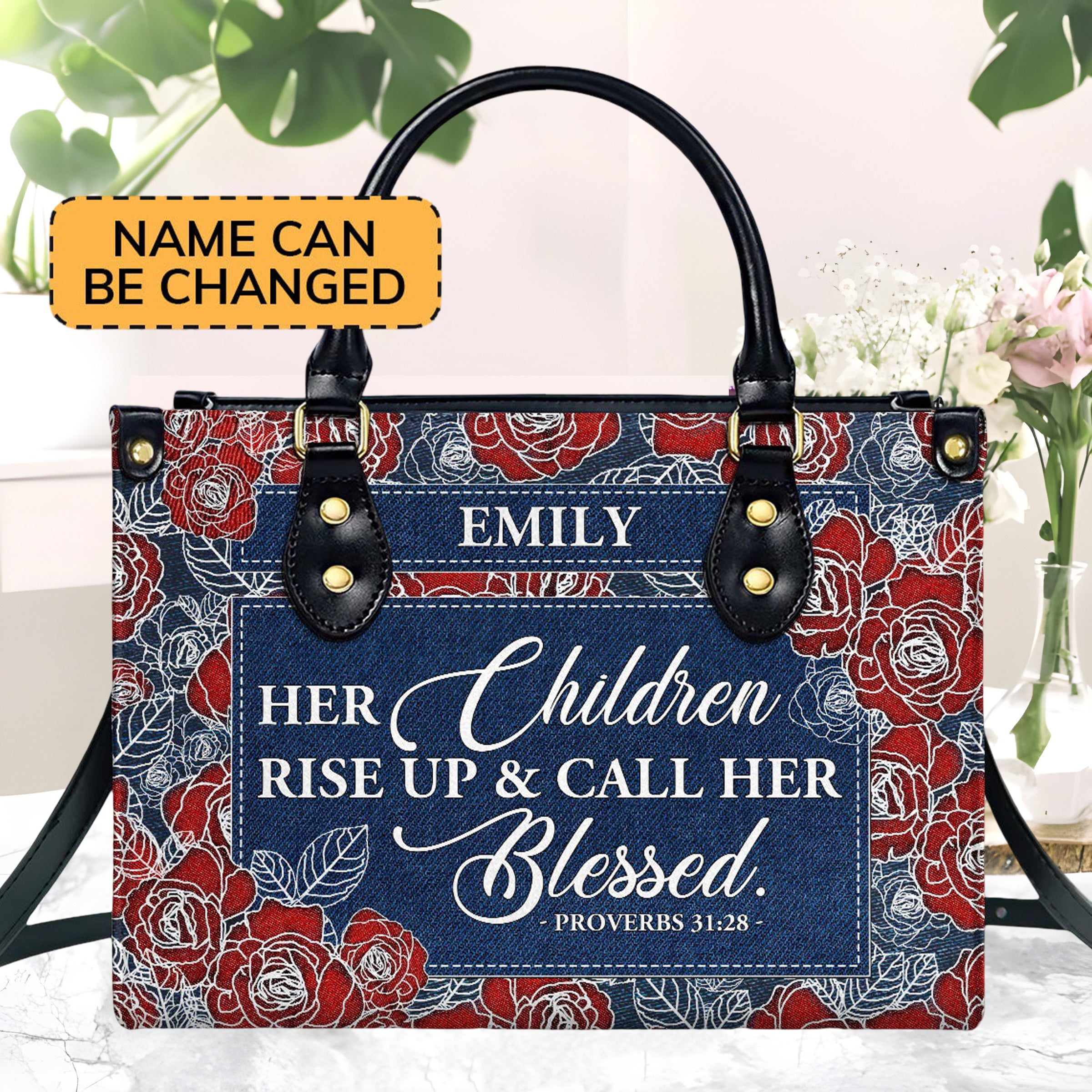Personalized Christian Leather Handbag, Proverbs 31:28 Purse, Her Children Rise Up & Call Her Blessed, Religious Gift for Mom BLAF38